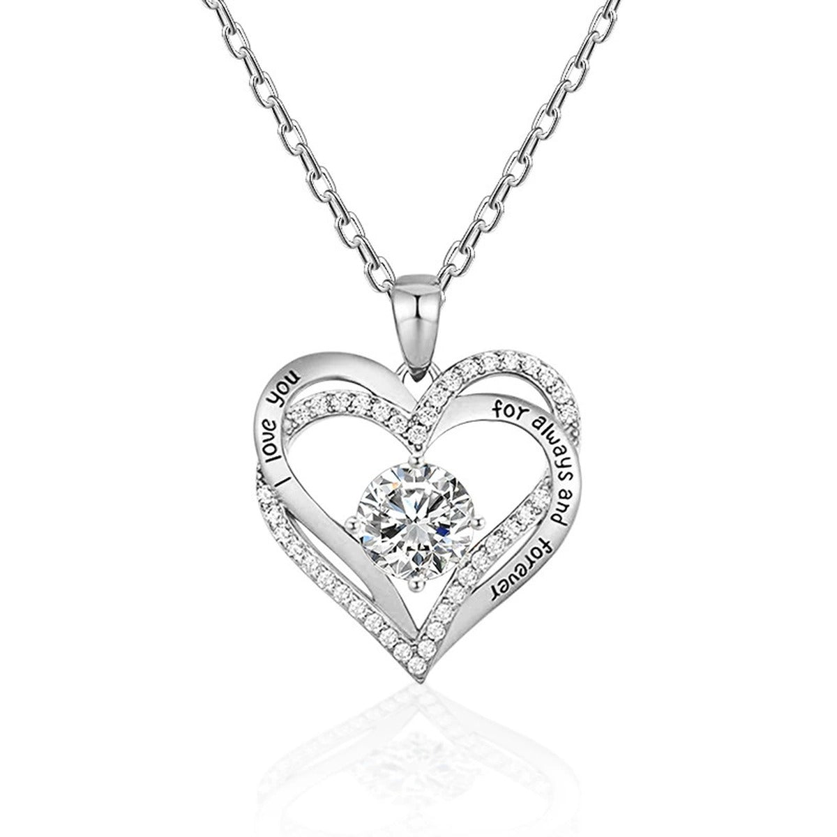 Interlocking Heart Colored Moissanite Necklace with CZ in White Gold-Plated S925 sterling silver white background product photo showing interlocking heart pendant with CZ outline and an 8mm colored round moissanite center