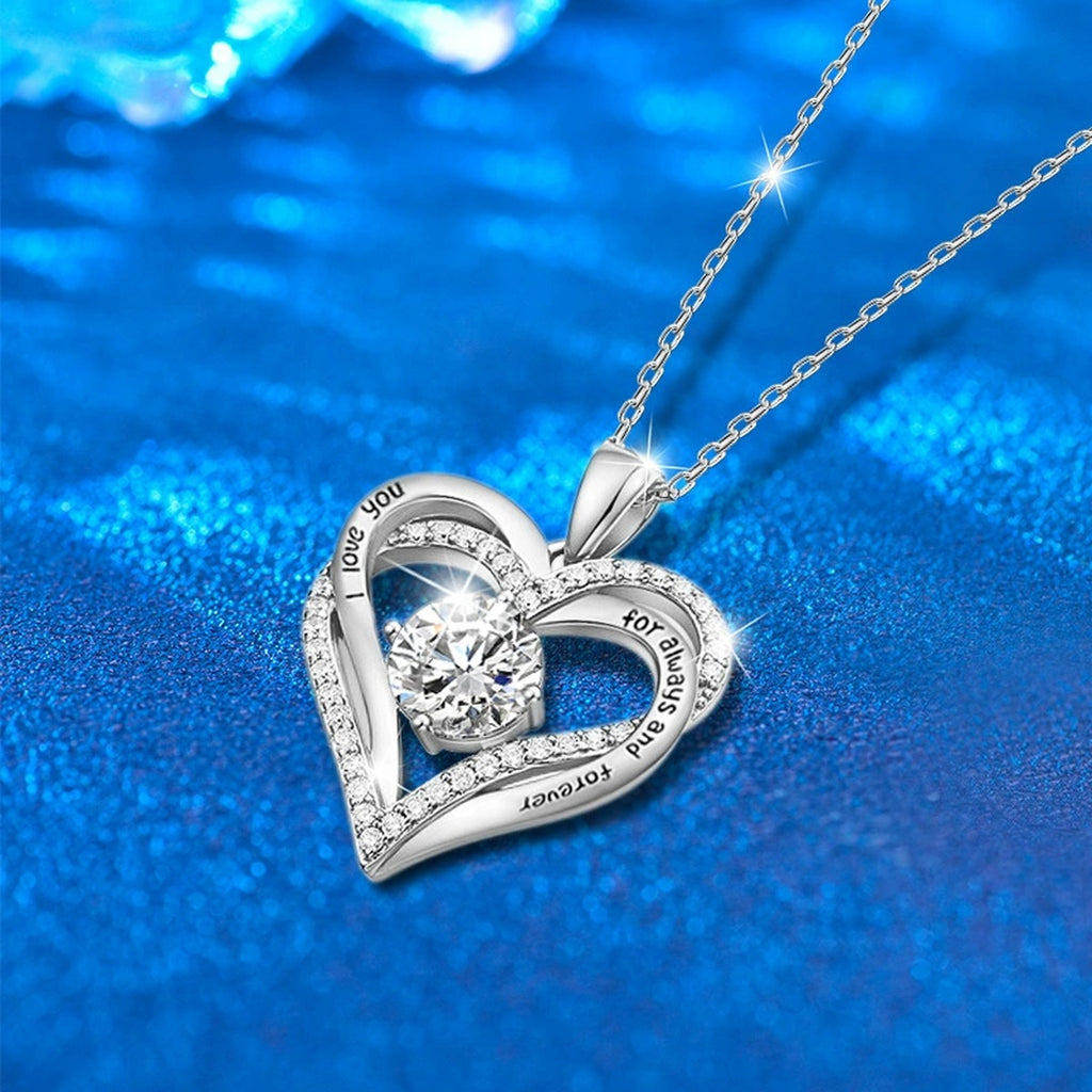 Interlocking Heart Colored Moissanite Necklace with CZ in White Gold-Plated S925 sterling silver angled product detail view