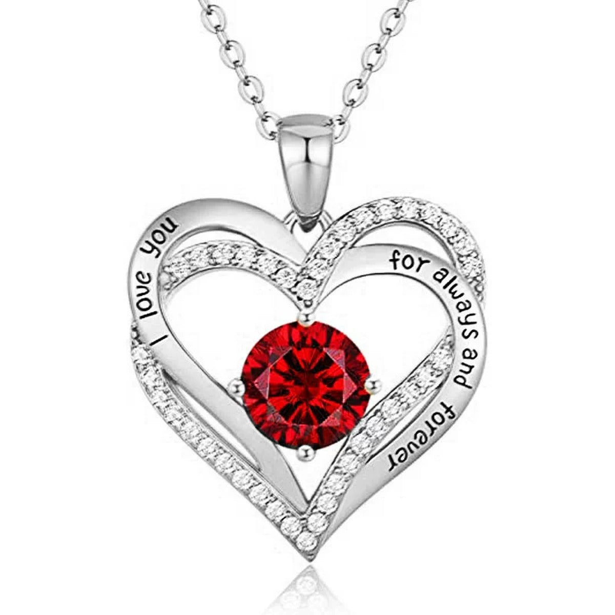 Interlocking Heart Colored Moissanite Necklace with CZ in White Gold-Plated S925 sterling silver white background product photo showing interlocking heart pendant with CZ outline and an 8mm colored round moissanite center