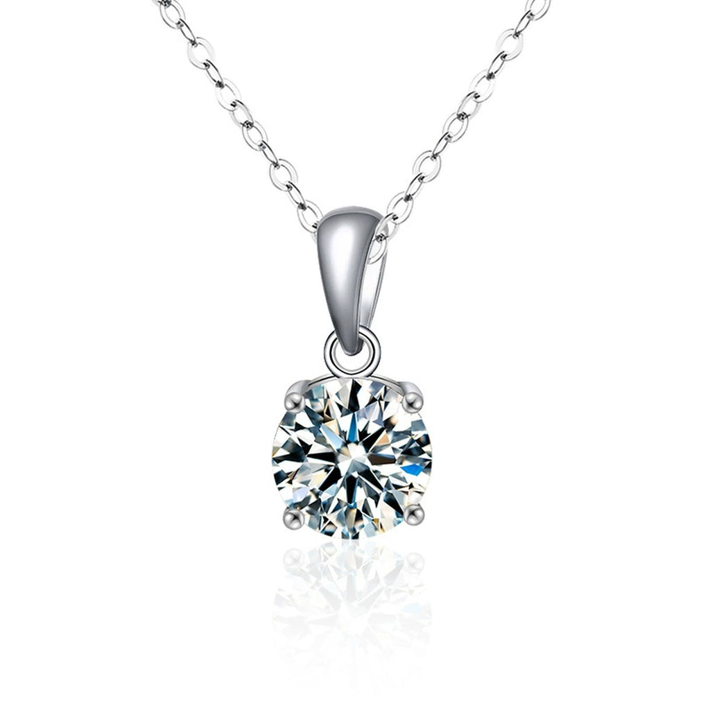 Solitaire Round Moissanite Necklace in White Gold-Plated S925 sterling silver white background product photo showing classic solitaire pendant with an 8mm round moissanite in a clean four-prong setting