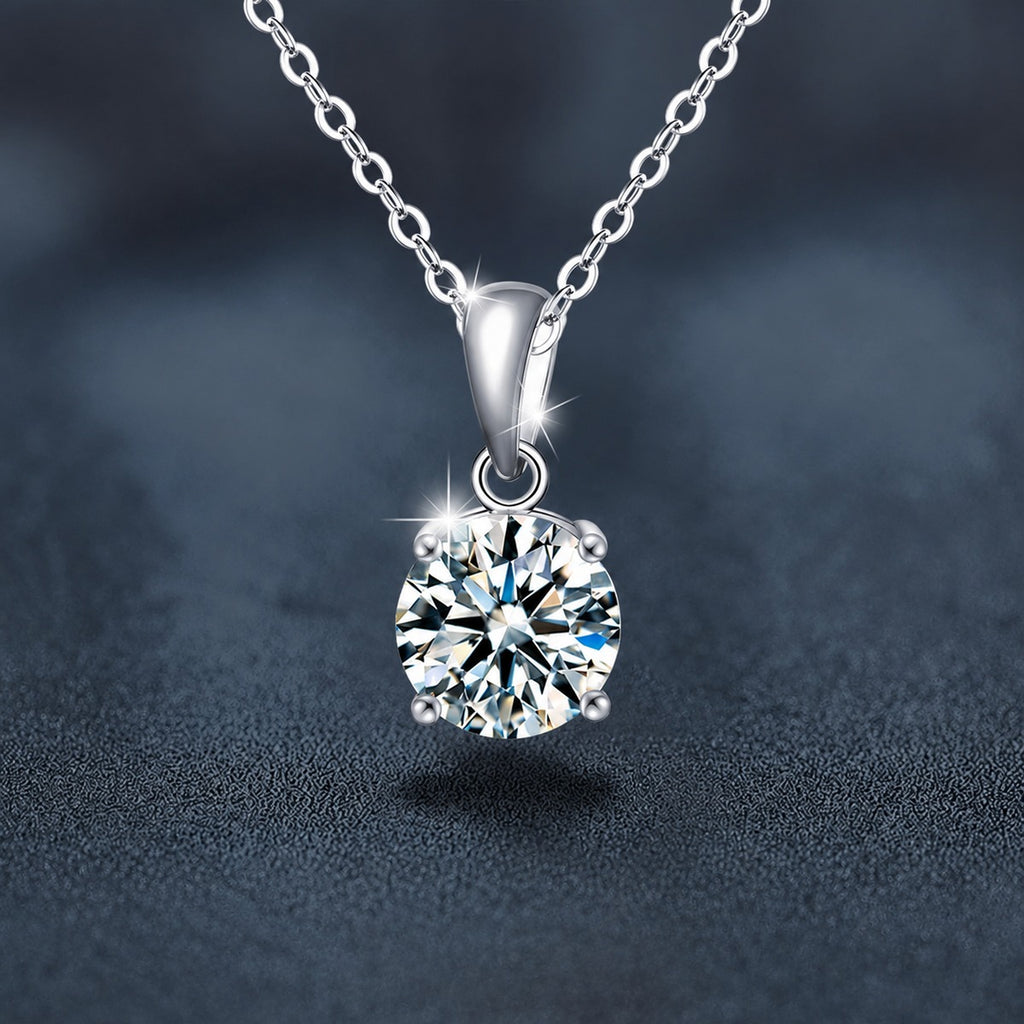 Solitaire Round Moissanite Necklace in White Gold-Plated S925 sterling silver close-up product scene showing pendant setting