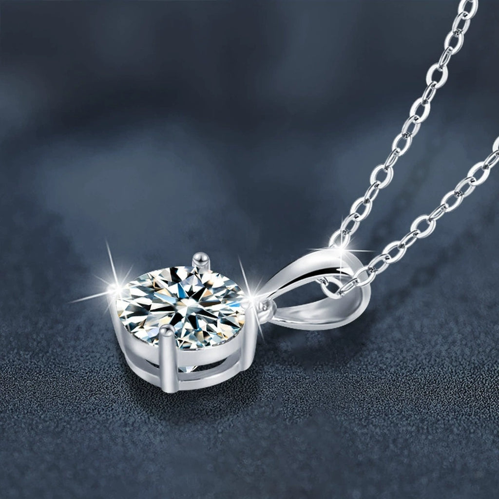 Solitaire Round Moissanite Necklace in White Gold-Plated S925 sterling silver blue display scene showing chain and stone layout