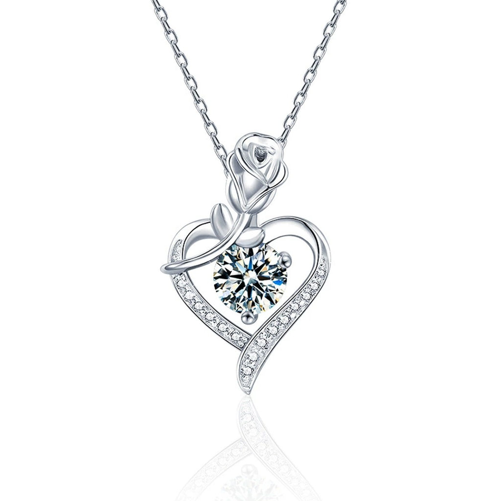 Rose Heart Colored Moissanite Necklace with CZ in White Gold-Plated S925 sterling silver white background product photo showing rose and heart pendant with CZ accents and colored round moissanite center options
