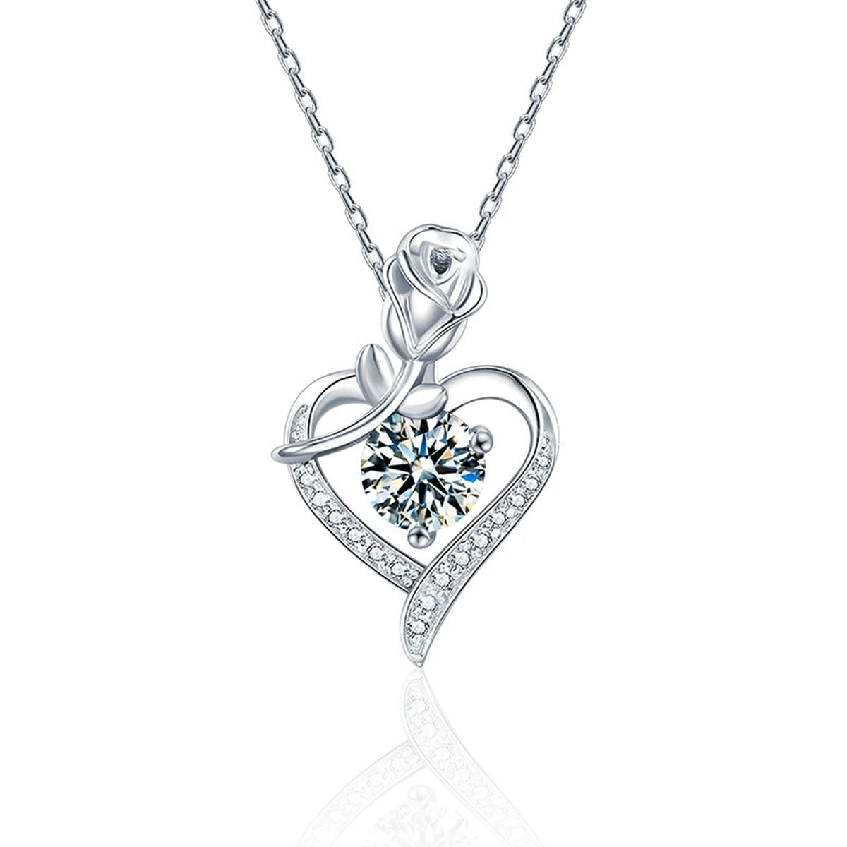 Rose Heart Colored Moissanite Necklace with CZ in White Gold-Plated S925 sterling silver white background product photo showing rose and heart pendant with CZ accents and colored round moissanite center options