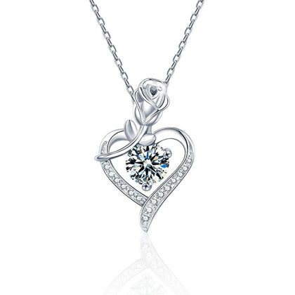 Rose Heart Colored Moissanite Necklace with CZ in White Gold-Plated S925 sterling silver white background product photo showing rose and heart pendant with CZ accents and colored round moissanite center options