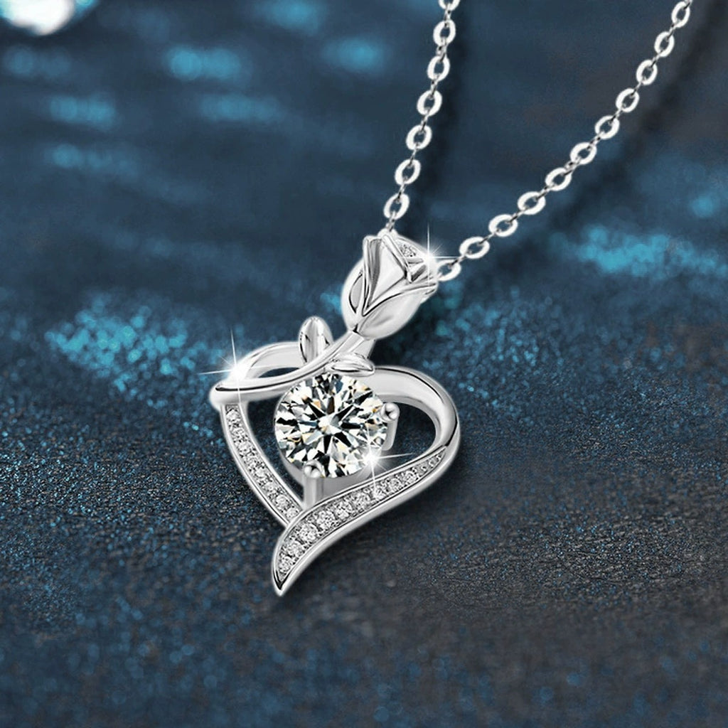 Rose Heart Colored Moissanite Necklace with CZ in White Gold-Plated S925 sterling silver close-up product scene showing pendant setting