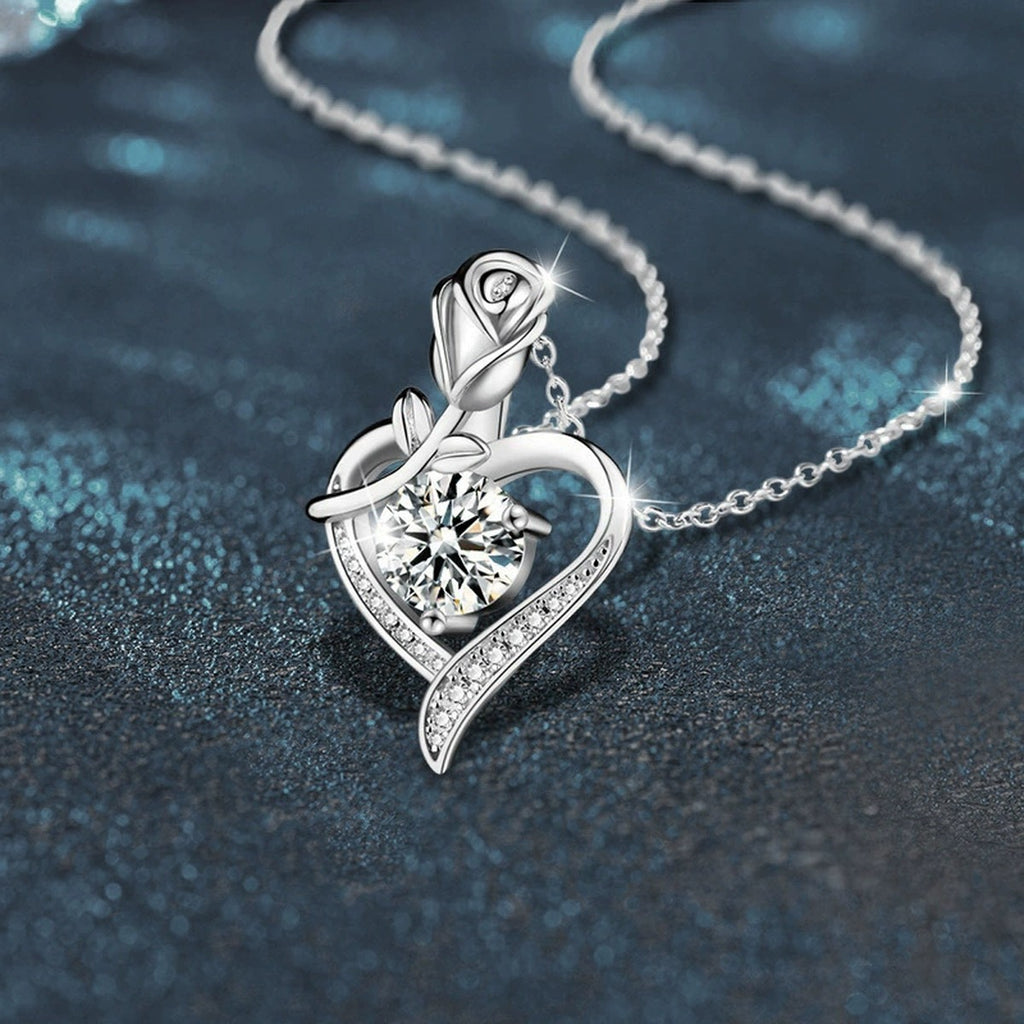 Rose Heart Colored Moissanite Necklace with CZ in White Gold-Plated S925 sterling silver blue display scene showing chain and stone layout