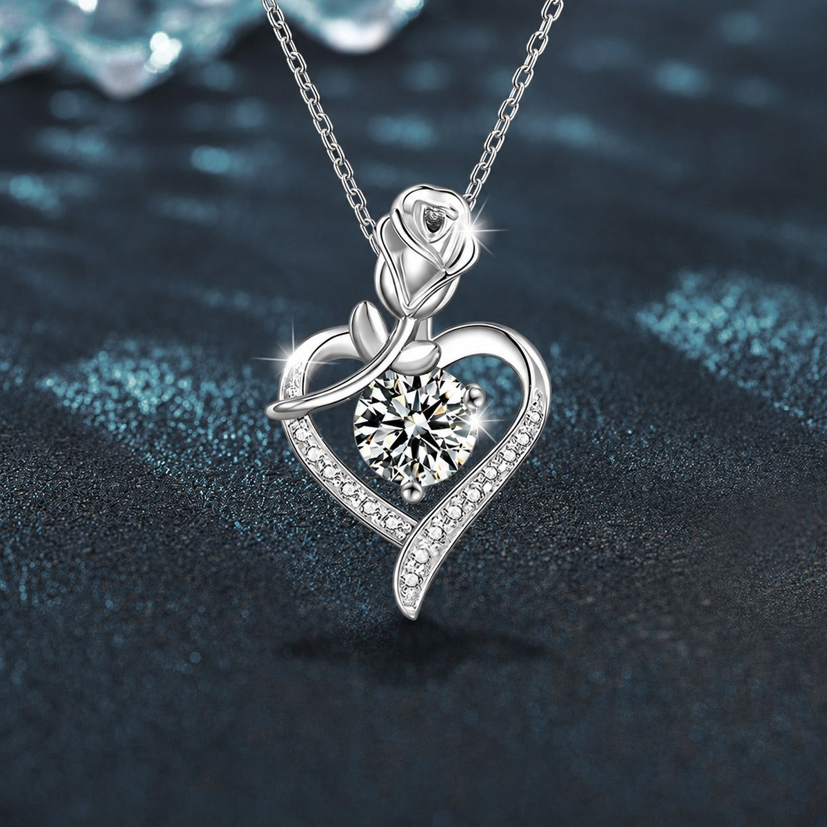 Rose Heart Colored Moissanite Necklace with CZ in White Gold-Plated S925 sterling silver angled product detail view