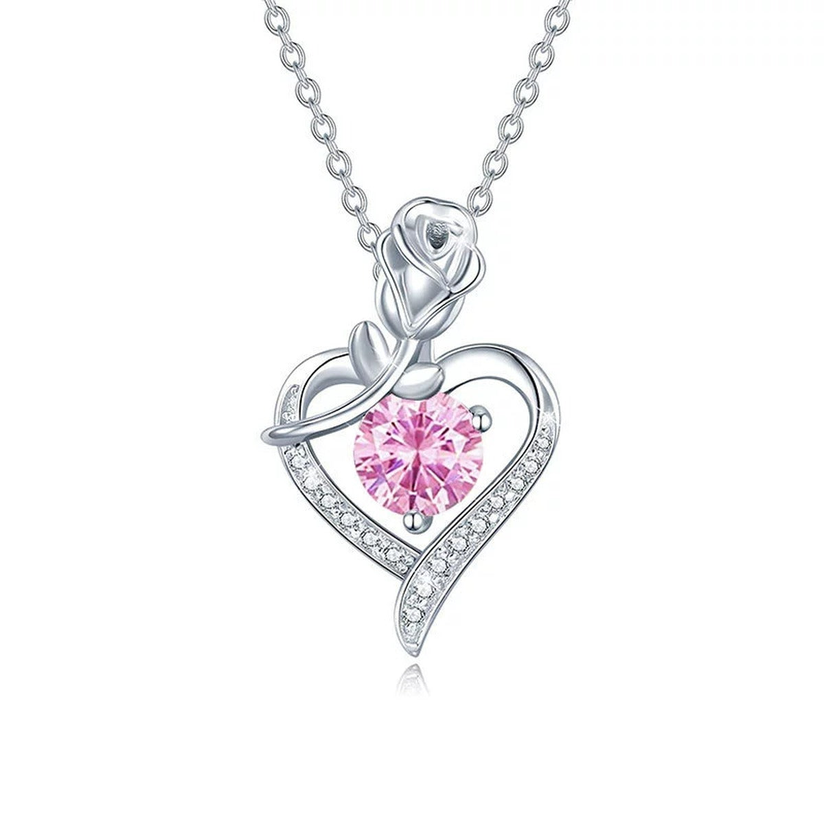 Rose Heart Colored Moissanite Necklace with CZ in White Gold-Plated S925 sterling silver white background product photo showing rose and heart pendant with CZ accents and colored round moissanite center options