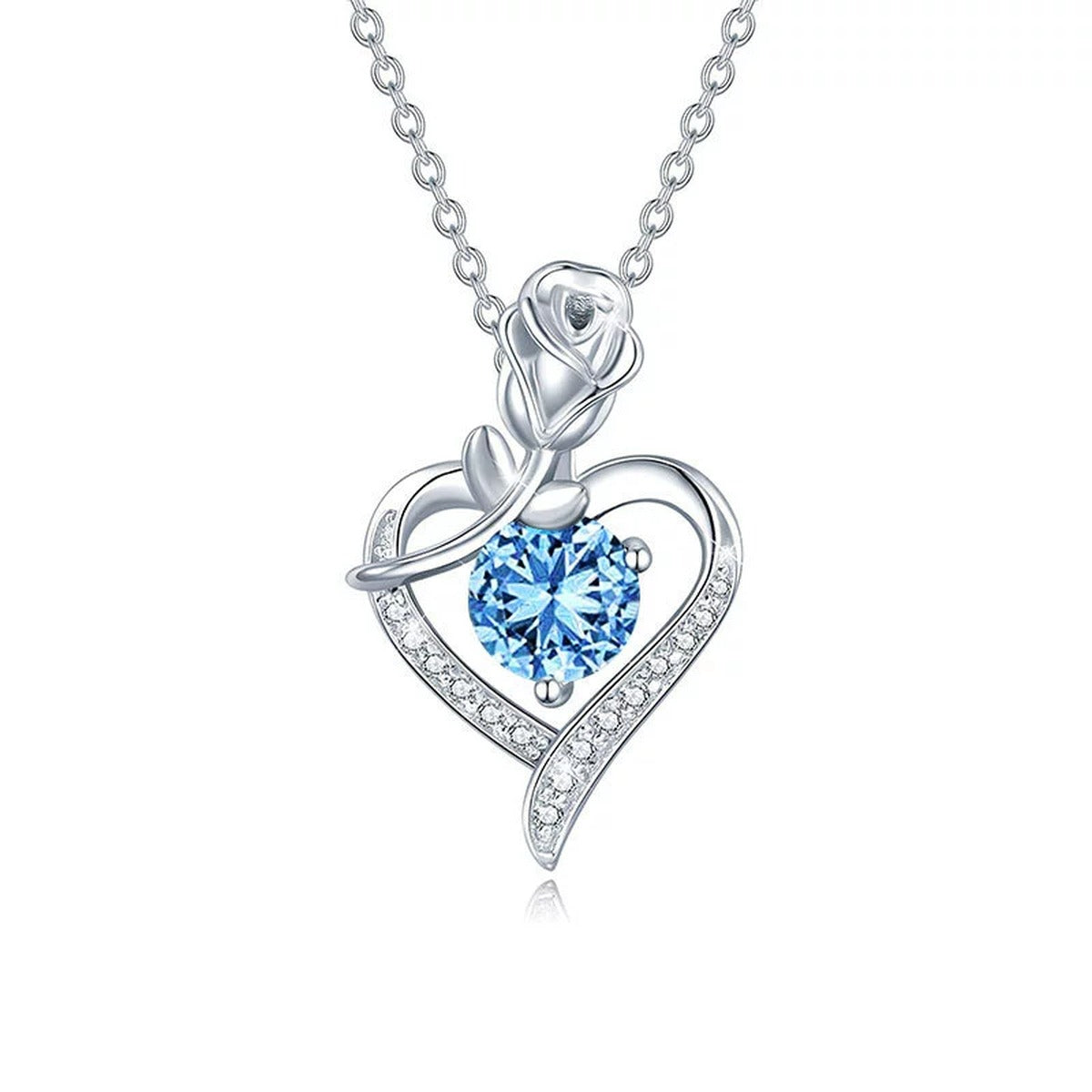 Rose Heart Colored Moissanite Necklace with CZ in White Gold-Plated S925 sterling silver white background product photo showing rose and heart pendant with CZ accents and colored round moissanite center options
