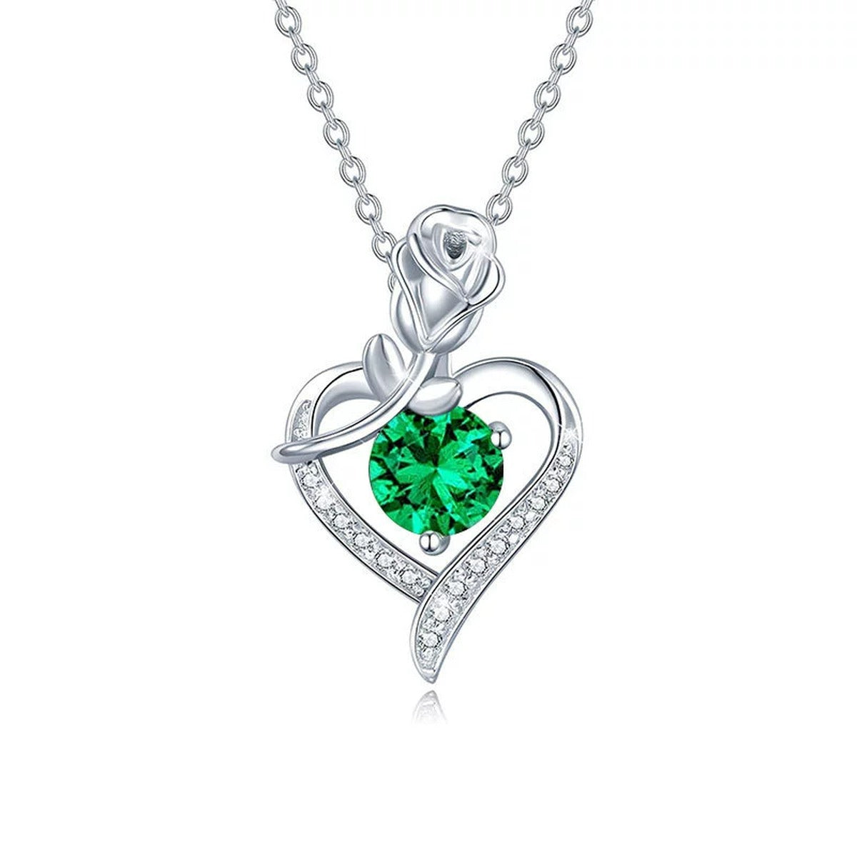 Rose Heart Colored Moissanite Necklace with CZ in White Gold-Plated S925 sterling silver white background product photo showing rose and heart pendant with CZ accents and colored round moissanite center options