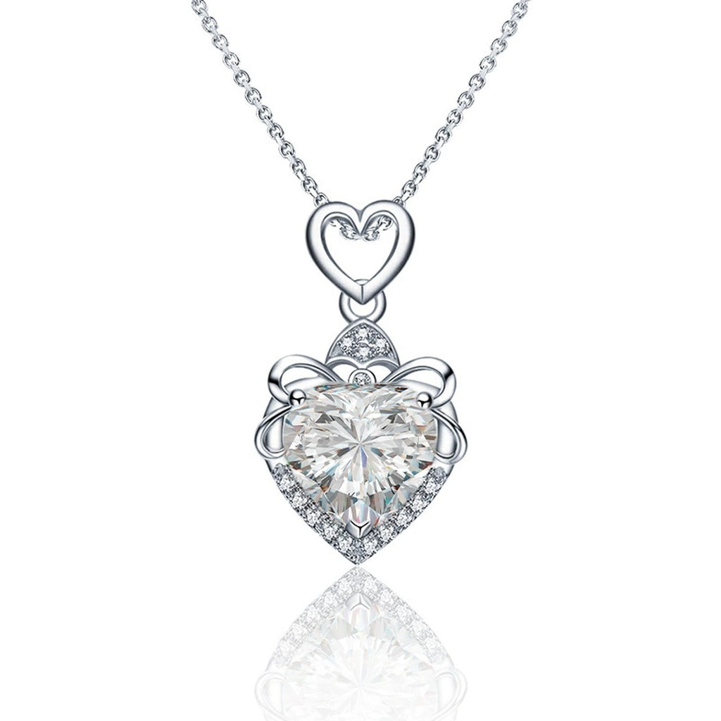 Heart Cut Moissanite Necklace with CZ in White Gold-Plated S925 sterling silver white background product photo showing heart-cut moissanite pendant with a slim CZ-accented white gold-plated frame