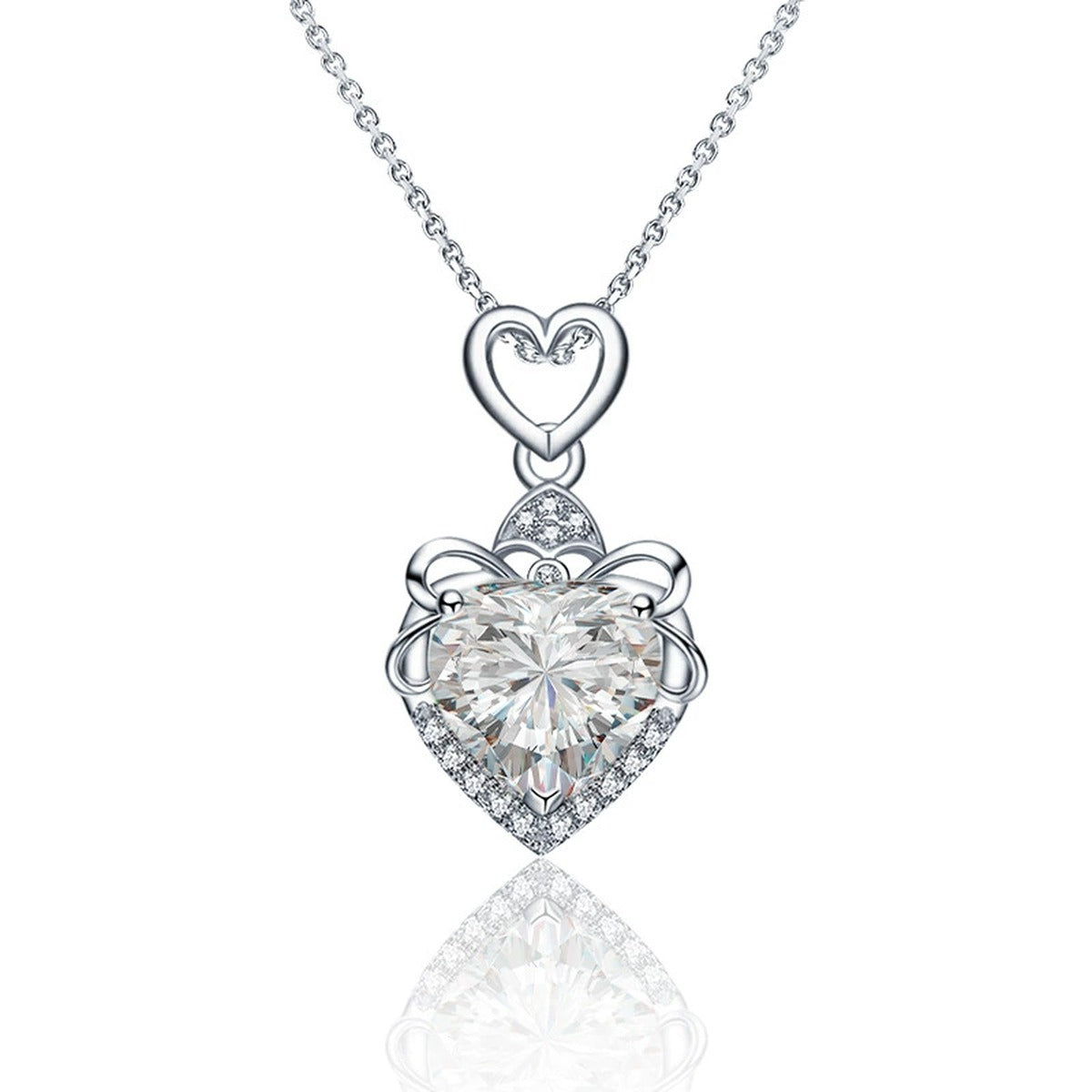 Heart Cut Moissanite Necklace with CZ in White Gold-Plated S925 sterling silver white background product photo showing heart-cut moissanite pendant with a slim CZ-accented white gold-plated frame