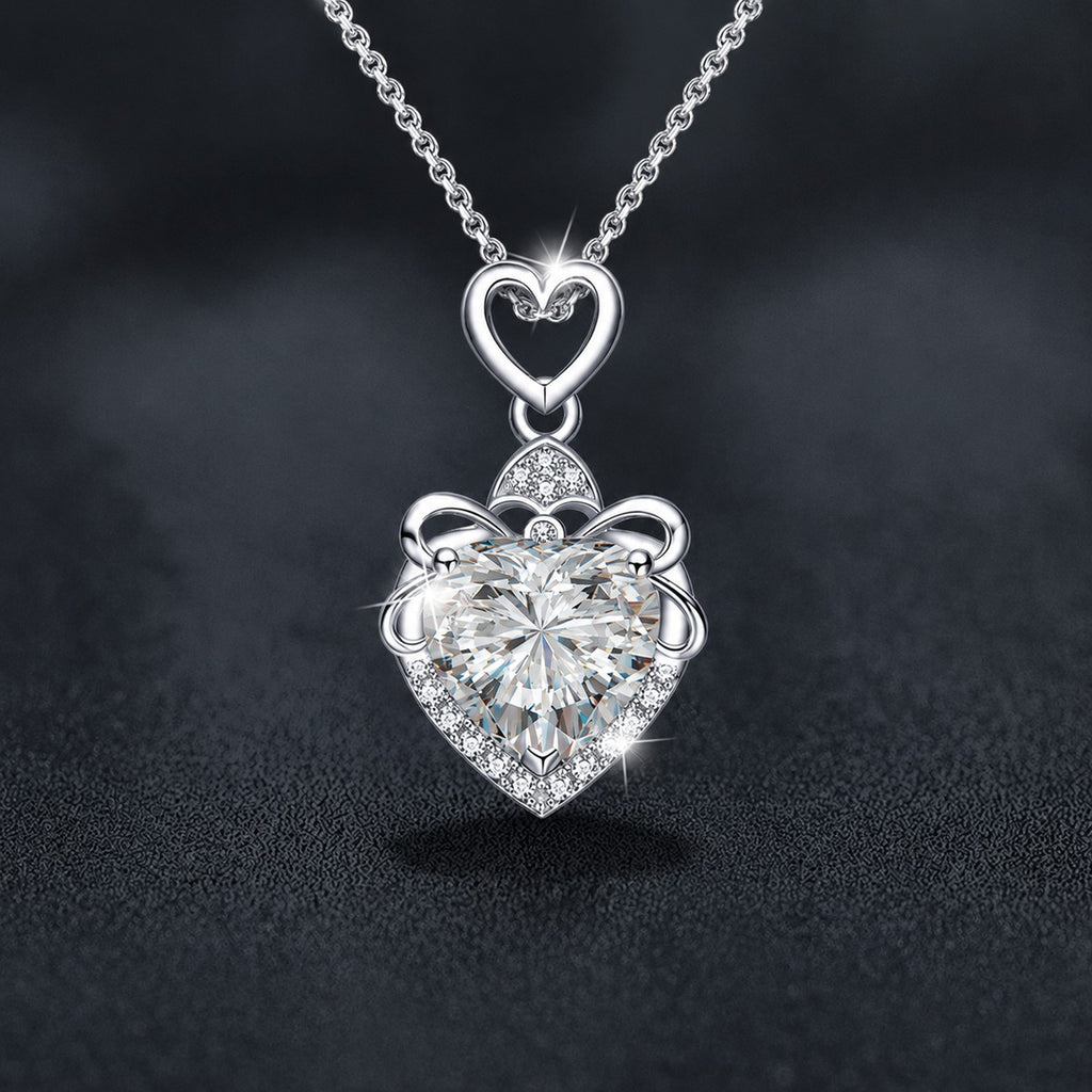 Heart Cut Moissanite Necklace with CZ in White Gold-Plated S925 sterling silver close-up product scene showing pendant setting