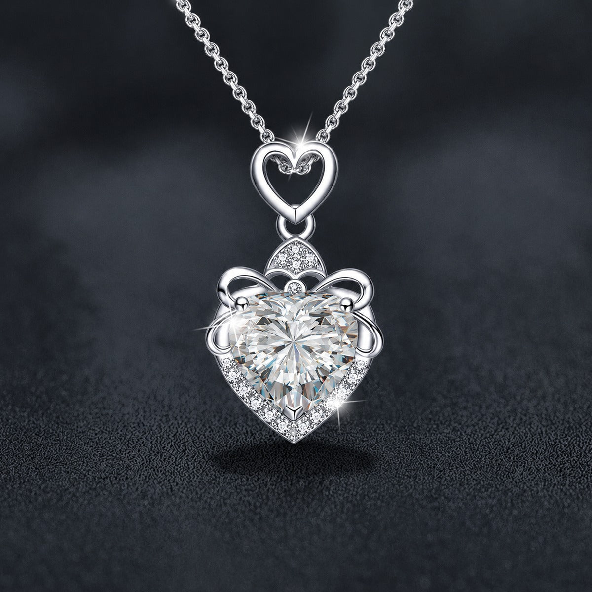 Heart Cut Moissanite Necklace with CZ in White Gold-Plated S925 sterling silver close-up product scene showing pendant setting