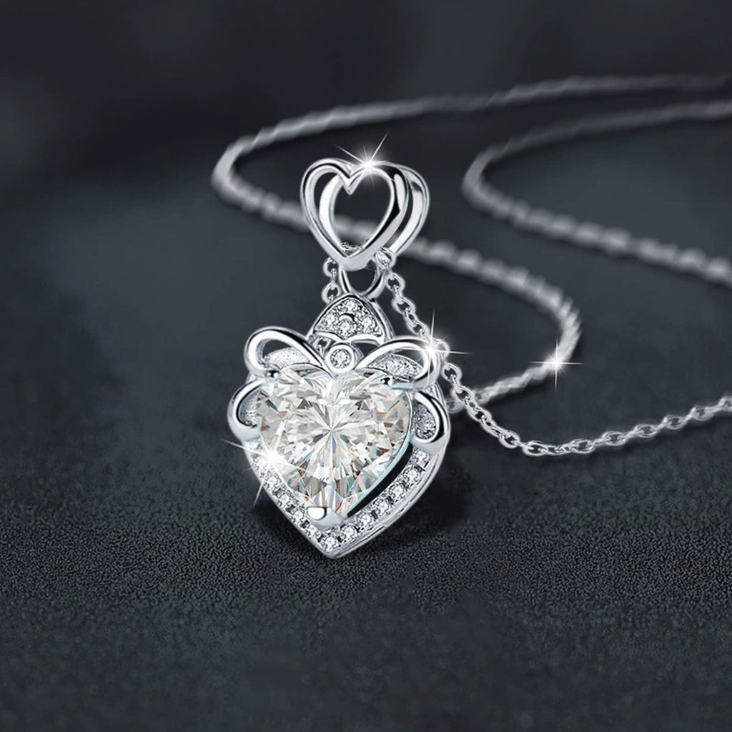 Heart Cut Moissanite Necklace with CZ in White Gold-Plated S925 sterling silver blue display scene showing chain and stone layout