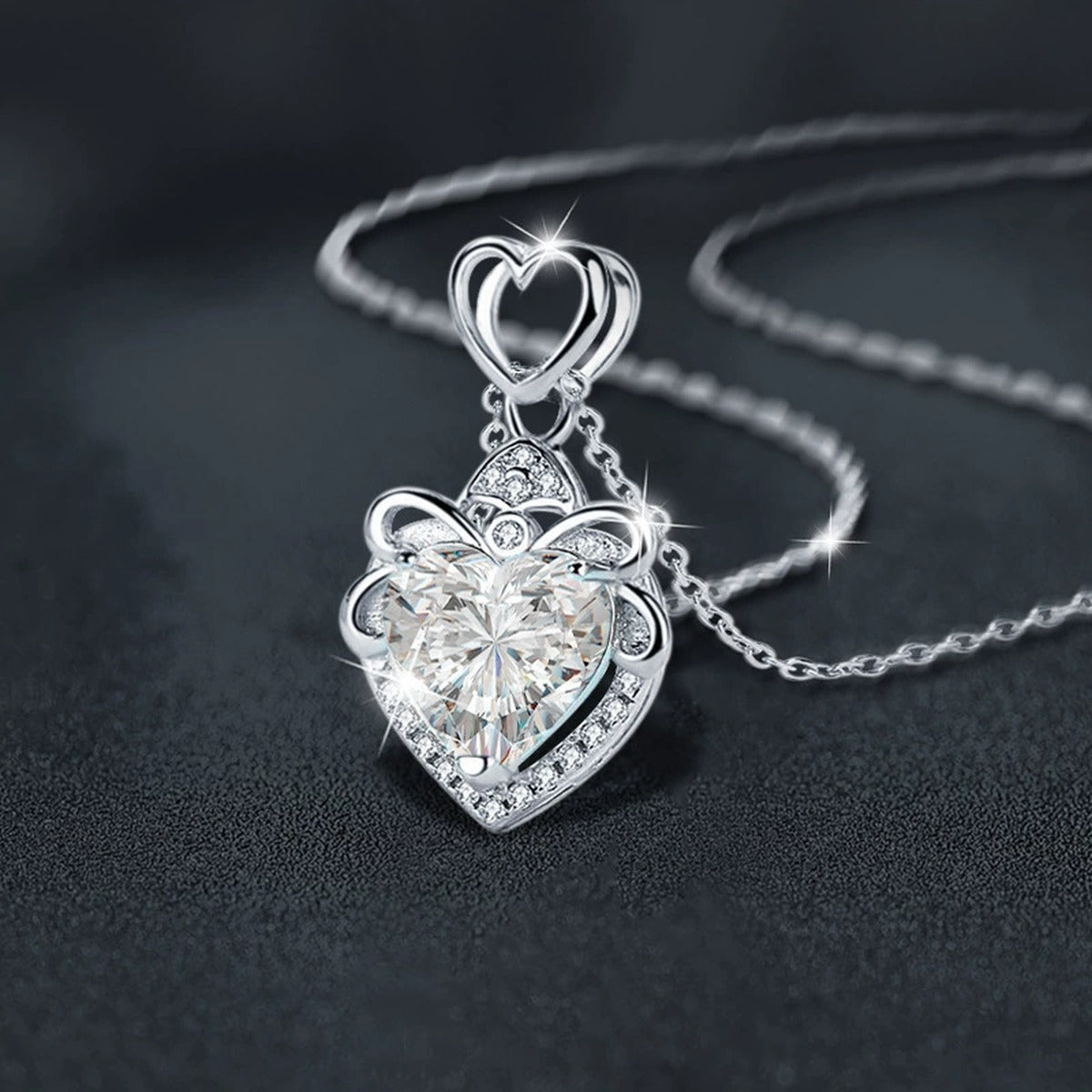 Heart Cut Moissanite Necklace with CZ in White Gold-Plated S925 sterling silver blue display scene showing chain and stone layout