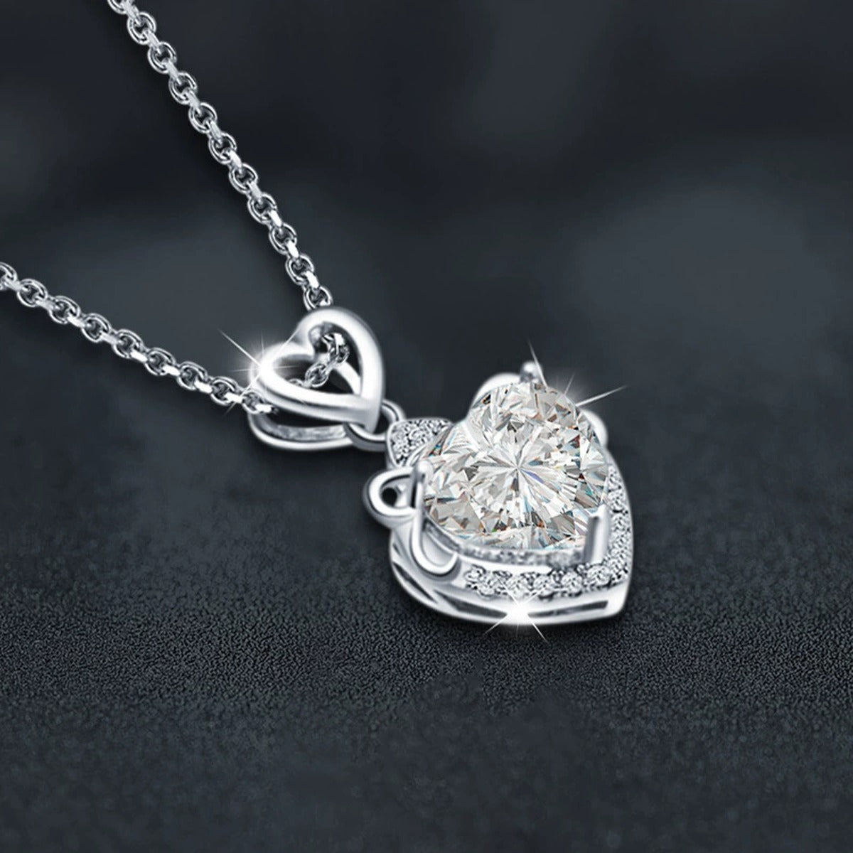 Heart Cut Moissanite Necklace with CZ in White Gold-Plated S925 sterling silver angled product detail view