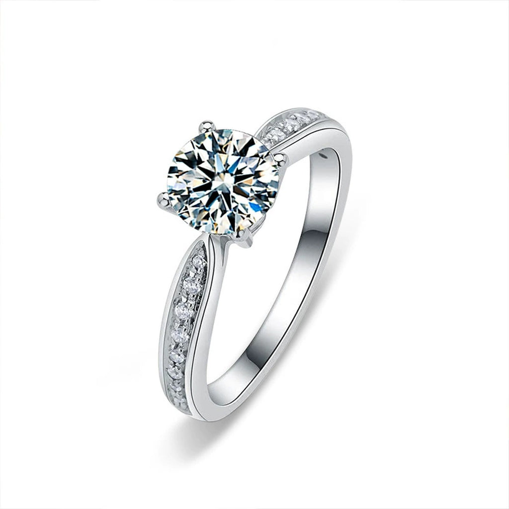 Four-Prong Round Moissanite Engagement Ring with CZ in white gold-plated S925 sterling silver on clean white background