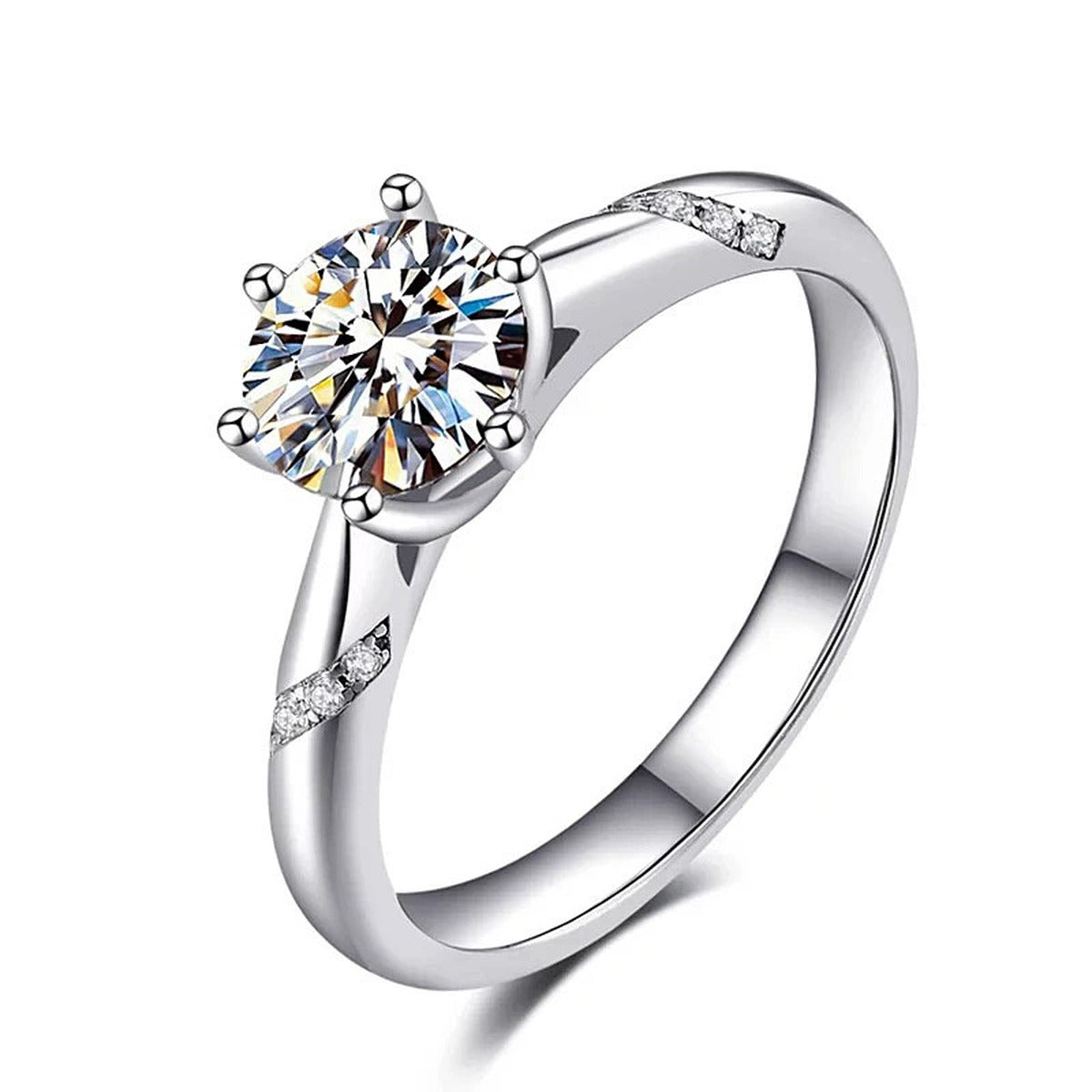 Six-Prong Round Moissanite Leaf Engagement Ring with CZ in white gold-plated S925 sterling silver on clean white background