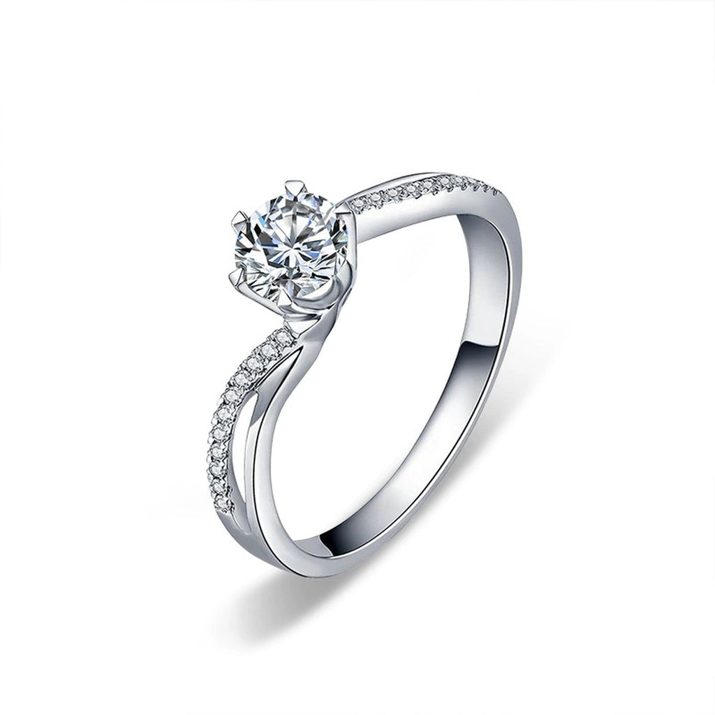 Twist Six-Prong Round Moissanite Engagement Ring with CZ in white gold-plated S925 sterling silver on clean white background