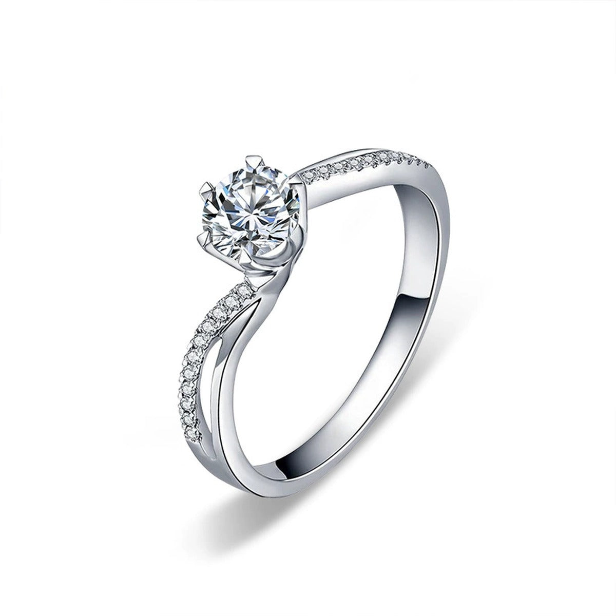 Twist Six-Prong Round Moissanite Engagement Ring with CZ in white gold-plated S925 sterling silver on clean white background