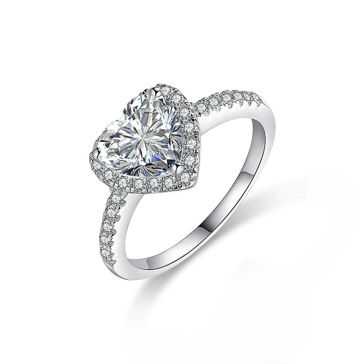 Heart Cut Moissanite Engagement Ring with CZ in white gold-plated S925 sterling silver on clean white background