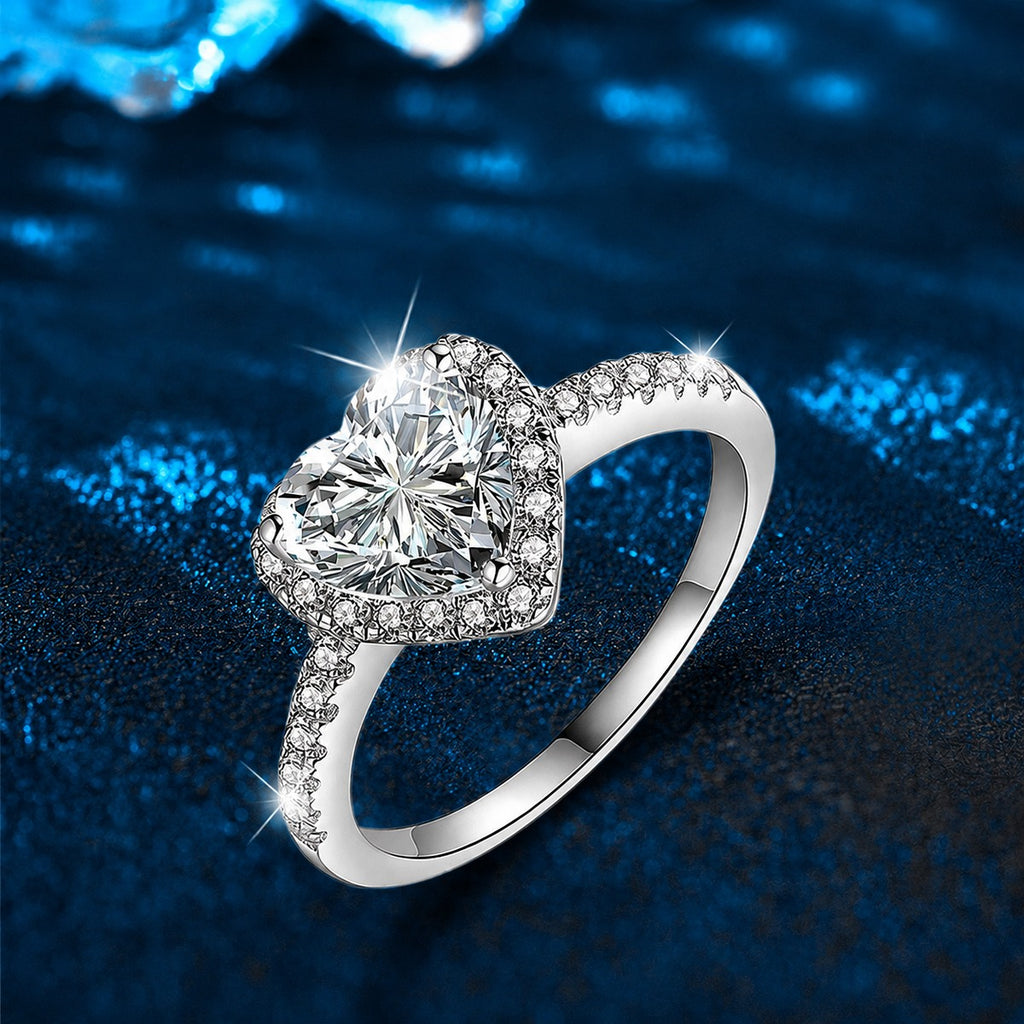 Heart Cut Moissanite Engagement Ring with CZ close-up detail view with moissanite sparkle