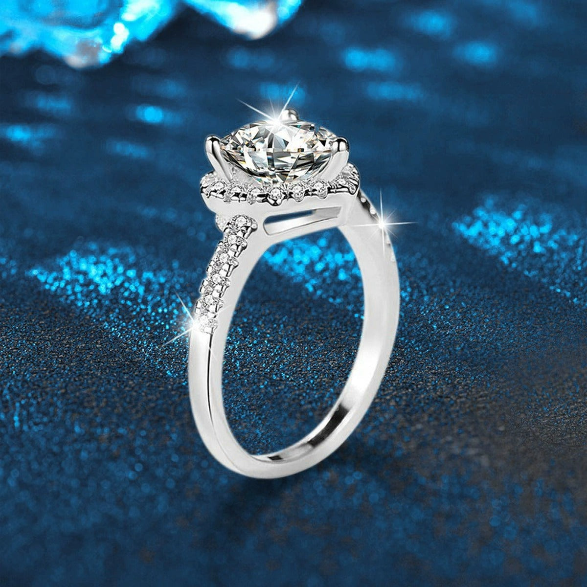 Heart Cut Moissanite Engagement Ring with CZ close-up detail view with moissanite sparkle