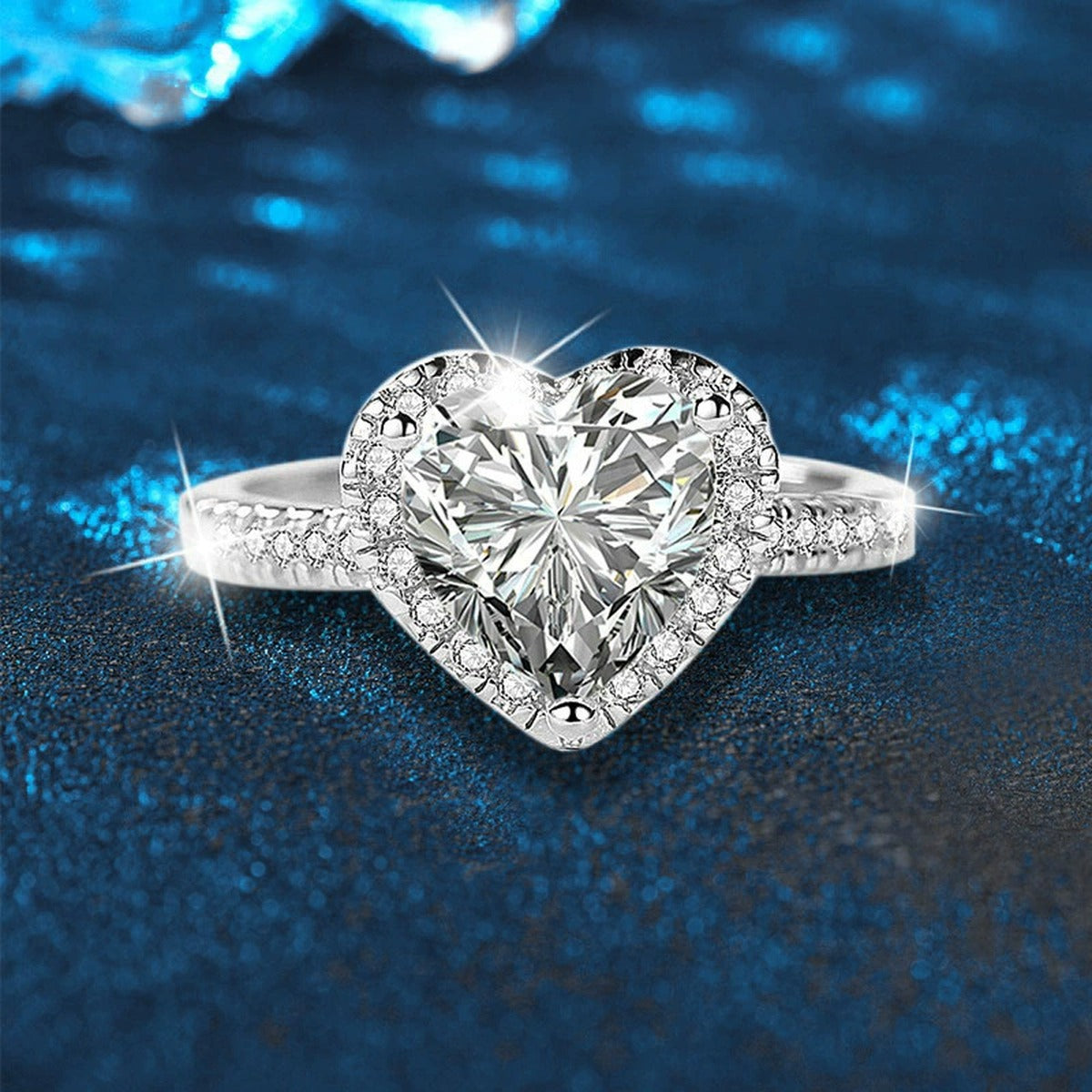 Heart Cut Moissanite Engagement Ring with CZ close-up detail view with moissanite sparkle