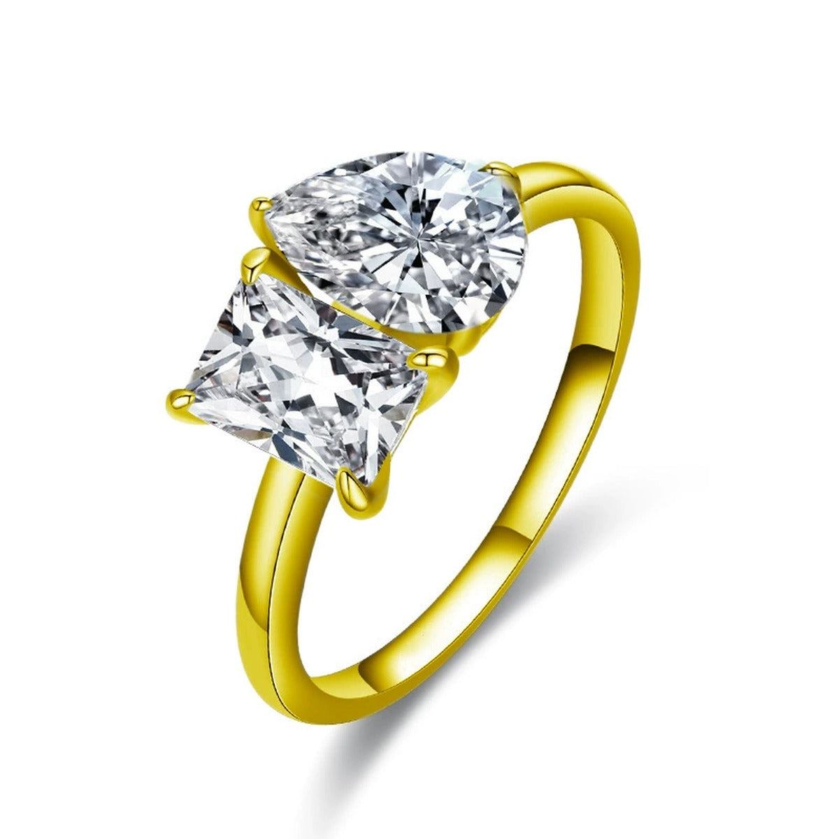 Radiant and Pear Cut Moissanite Toi et Moi Engagement Ring in gold-plated S925 sterling silver on clean white background