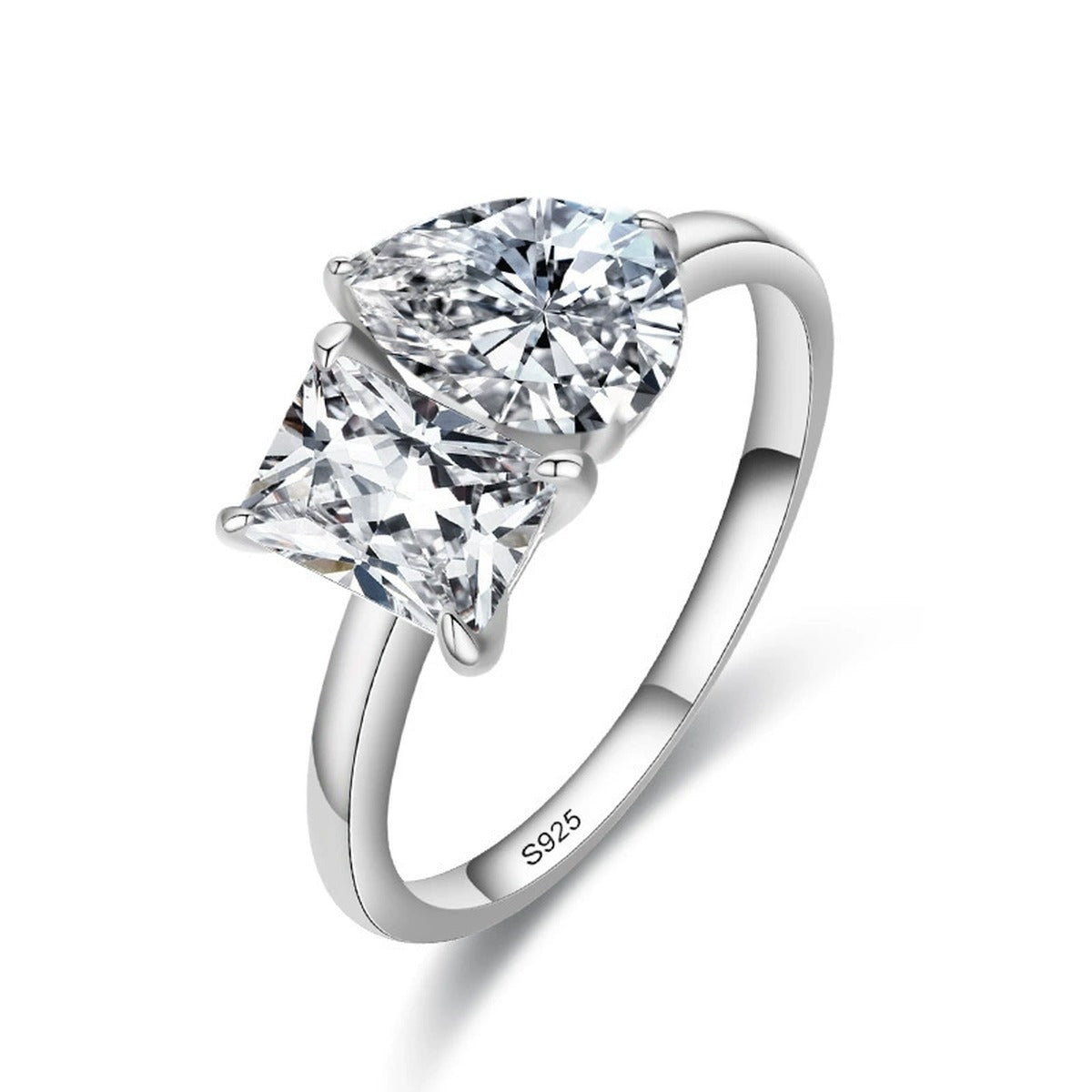Radiant and Pear Cut Moissanite Toi et Moi Engagement Ring in gold-plated S925 sterling silver on clean white background