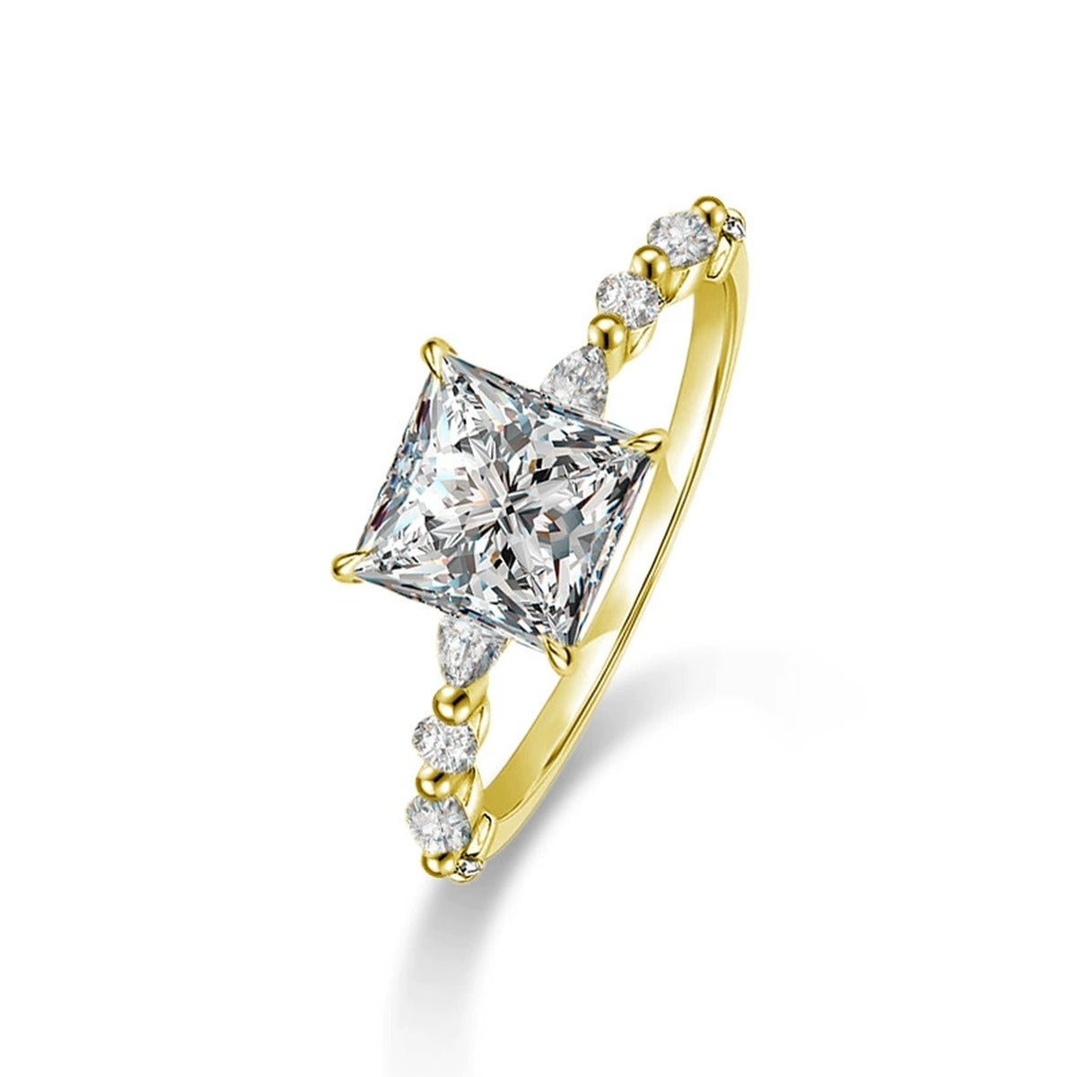 Princess Cut Moissanite Engagement Ring with CZ in gold-plated S925 sterling silver on clean white background