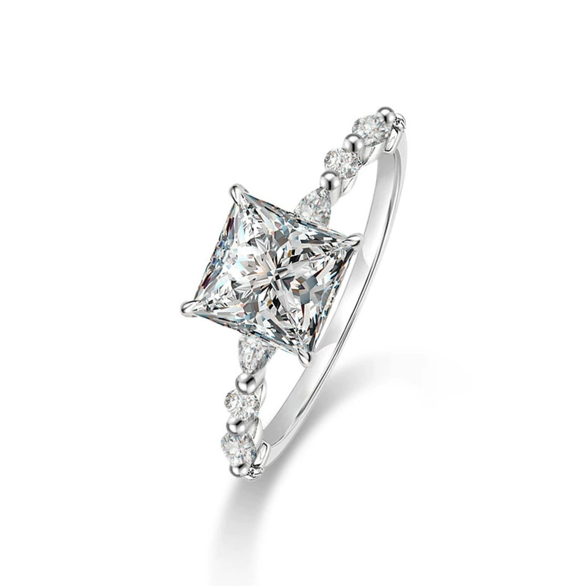 Princess Cut Moissanite Engagement Ring with CZ in gold-plated S925 sterling silver on clean white background