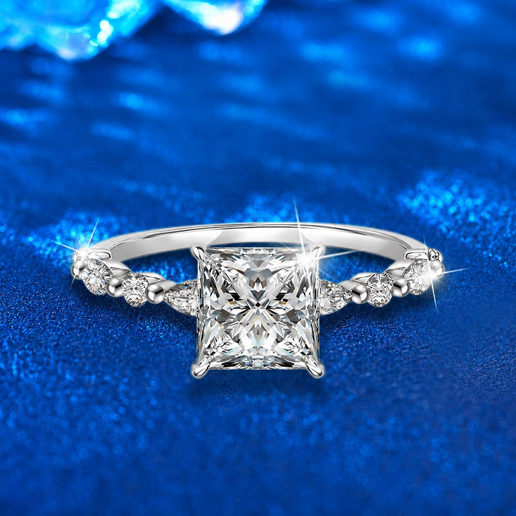 Princess Cut Moissanite Engagement Ring with CZ close-up detail view with moissanite sparkle