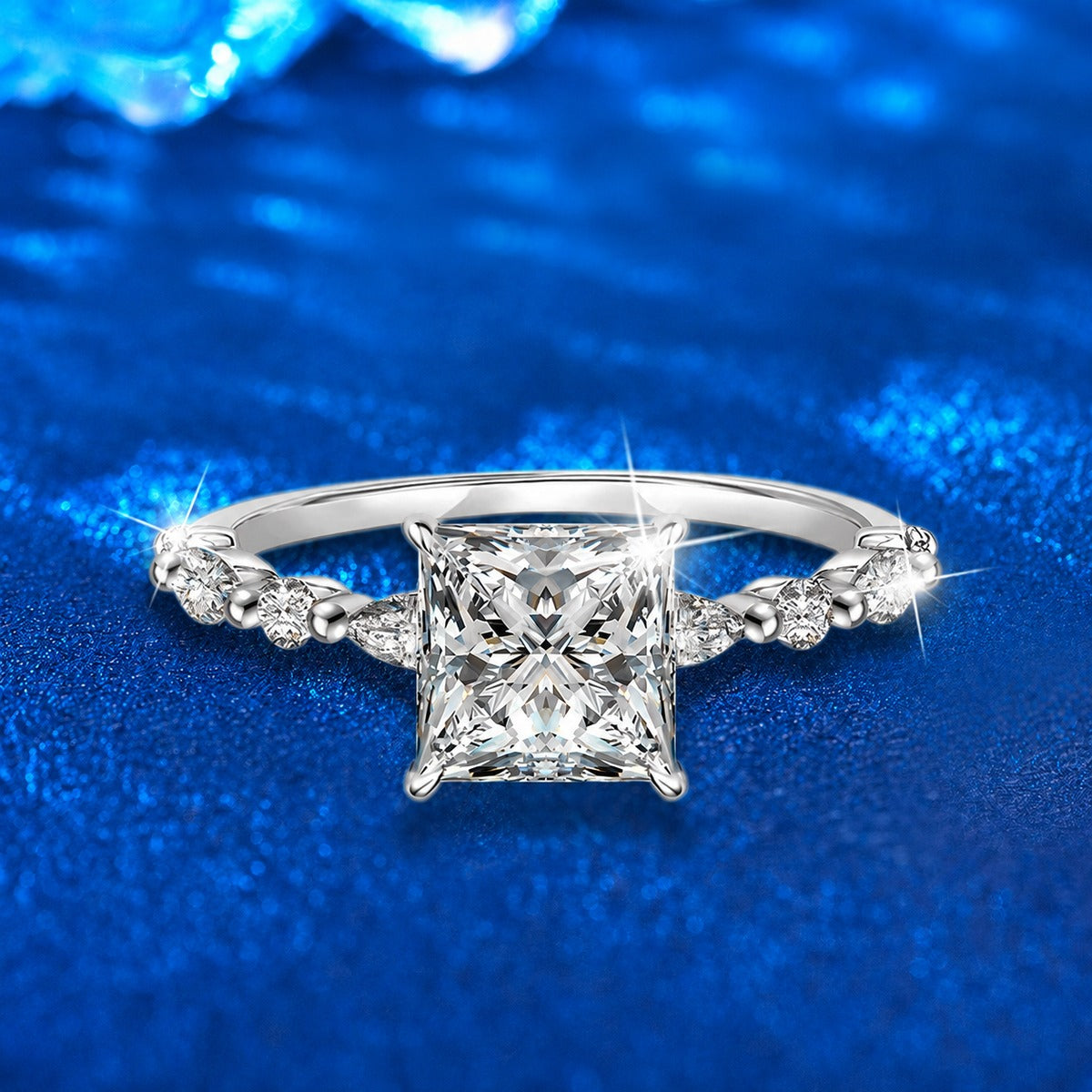 Princess Cut Moissanite Engagement Ring with CZ close-up detail view with moissanite sparkle