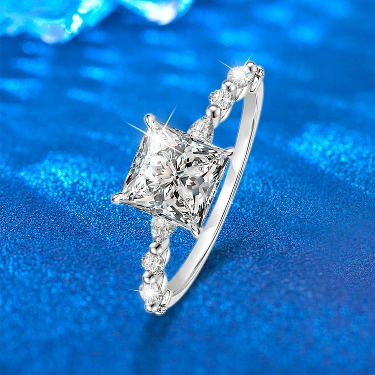 Princess Cut Moissanite Engagement Ring with CZ close-up detail view with moissanite sparkle