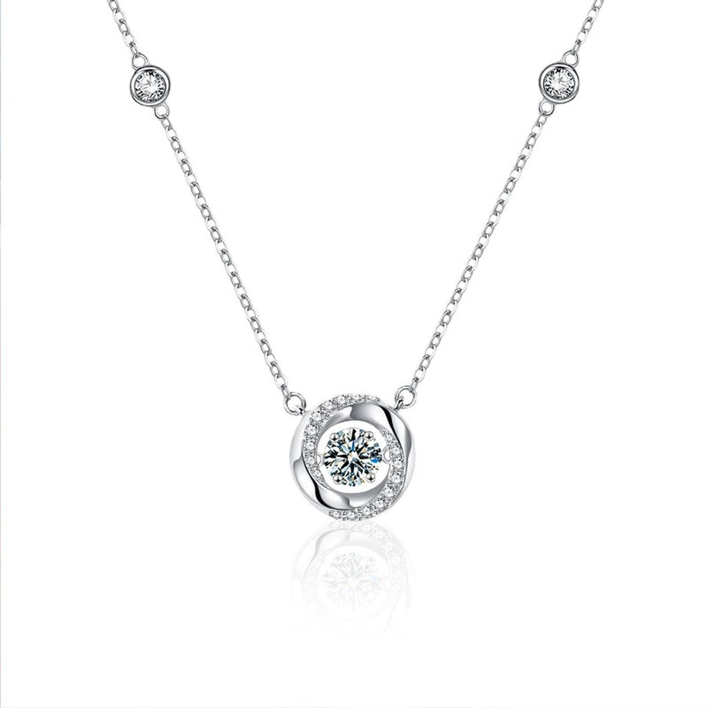 Mobius Round Moissanite Necklace with CZ in White Gold-Plated S925 sterling silver white background product photo showing open Mobius ring pendant with a round moissanite center and CZ-set chain accents