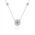 Mobius Round Moissanite Necklace with CZ in White Gold-Plated S925 sterling silver white background product photo showing open Mobius ring pendant with a round moissanite center and CZ-set chain accents
