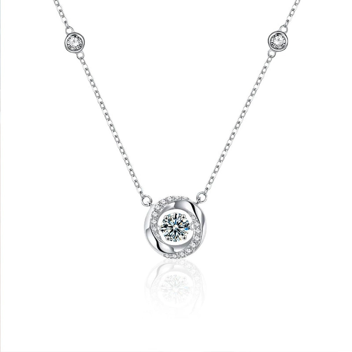 Mobius Round Moissanite Necklace with CZ in White Gold-Plated S925 sterling silver white background product photo showing open Mobius ring pendant with a round moissanite center and CZ-set chain accents
