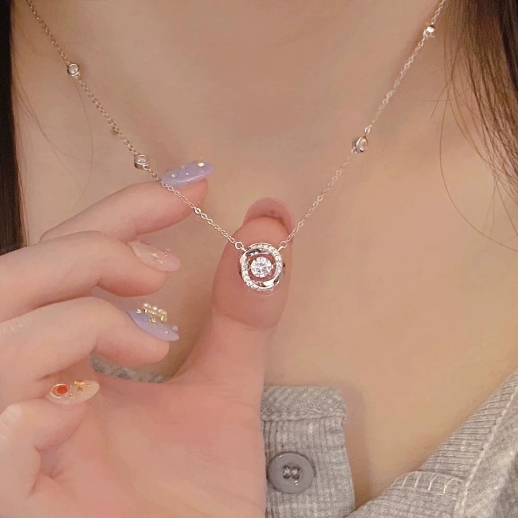 Mobius Round Moissanite Necklace with CZ in White Gold-Plated S925 sterling silver neckline model view showing pendant scale and chain length