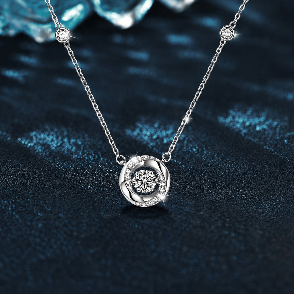 Mobius Round Moissanite Necklace with CZ in White Gold-Plated S925 sterling silver close-up product scene showing pendant setting