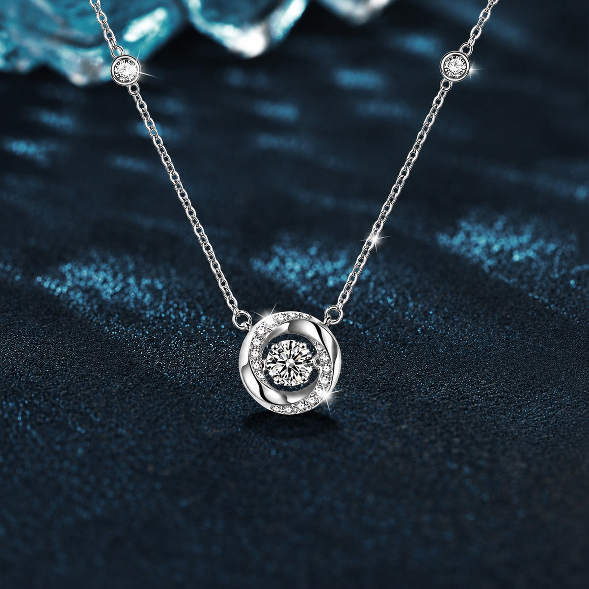 Mobius Round Moissanite Necklace with CZ in White Gold-Plated S925 sterling silver close-up product scene showing pendant setting