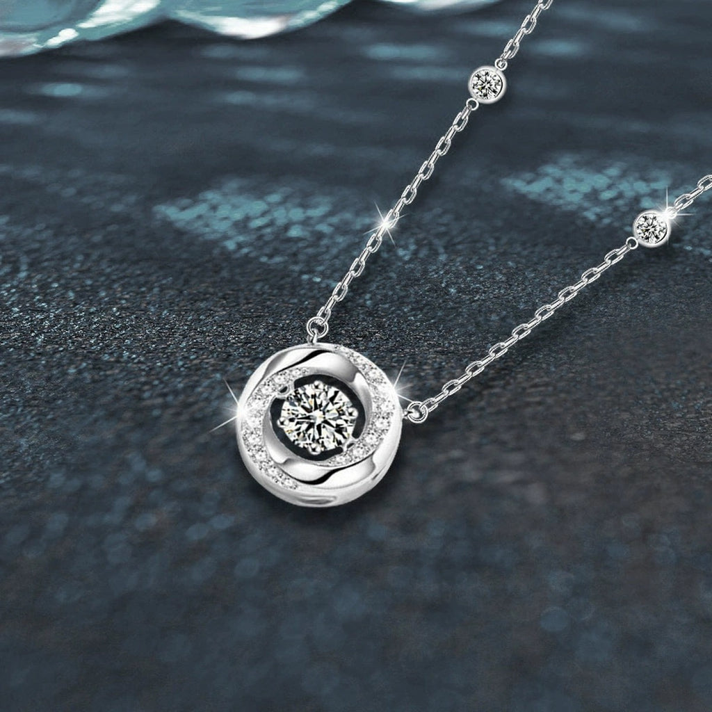 Mobius Round Moissanite Necklace with CZ in White Gold-Plated S925 sterling silver blue display scene showing chain and stone layout