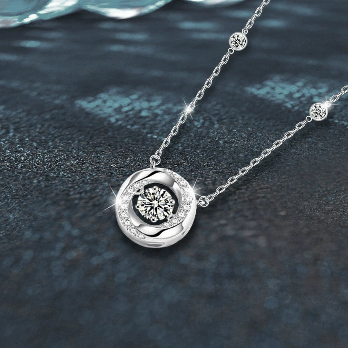 Mobius Round Moissanite Necklace with CZ in White Gold-Plated S925 sterling silver blue display scene showing chain and stone layout