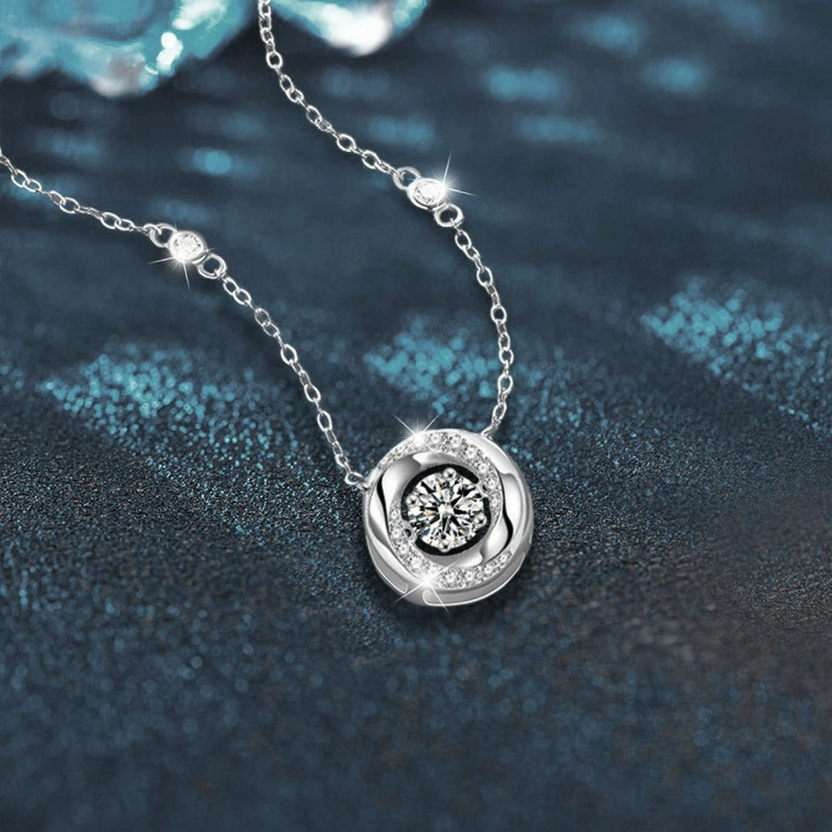 Mobius Round Moissanite Necklace with CZ in White Gold-Plated S925 sterling silver angled product detail view