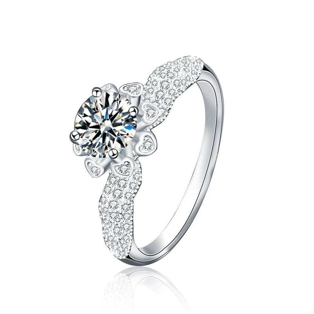 Floral Halo Round Moissanite Engagement Ring with CZ in white gold-plated S925 sterling silver on clean white background