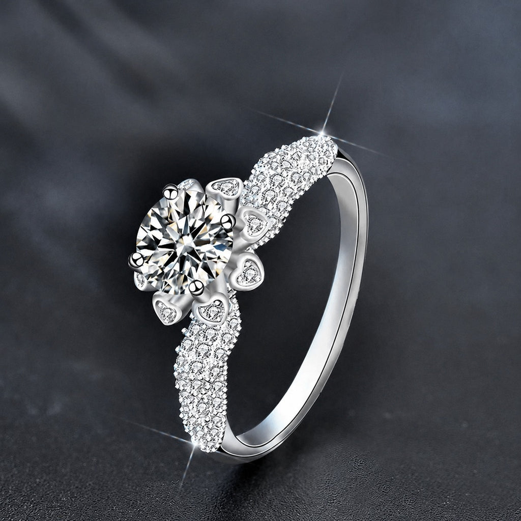 Floral Halo Round Moissanite Engagement Ring with CZ close-up detail view with moissanite sparkle