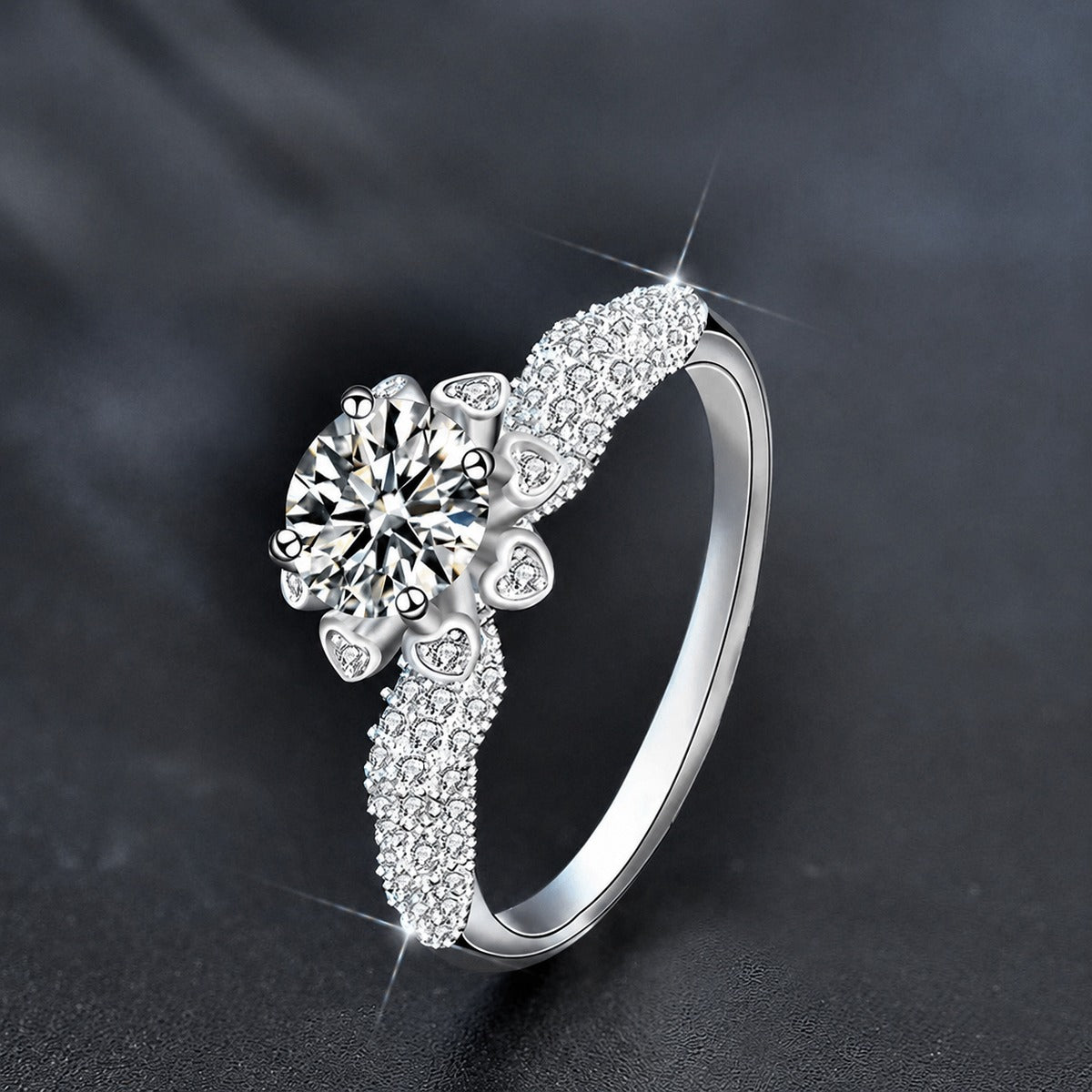 Floral Halo Round Moissanite Engagement Ring with CZ close-up detail view with moissanite sparkle