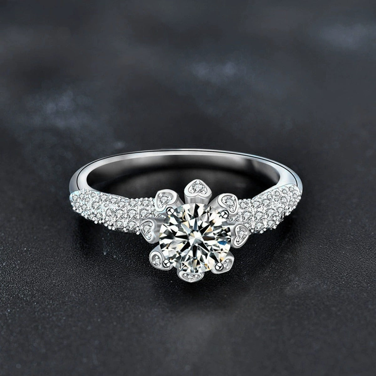 Floral Halo Round Moissanite Engagement Ring with CZ close-up detail view with moissanite sparkle